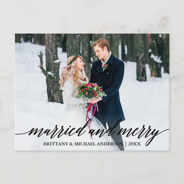 Modern kalligrafi, gift och Merry Bröllop Photo Vykort (Framsida)