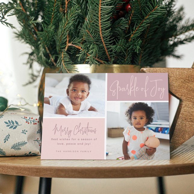 Modern Kalligrafi-Gnistra av Joy 2-foton Julkort (Modern Calligraphy Sparkle of Joy 2 Photos Holiday Card)