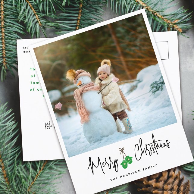 Modern kalligrafi Gröna handskar Foto Helg Vykort (Modern Calligraphy Green Mittens Photo Holiday Postcard)
