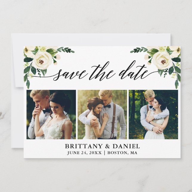 Modern kalligrafi Grönt Vit Blommigt 3 Foto Spara Datumet (Framsida)