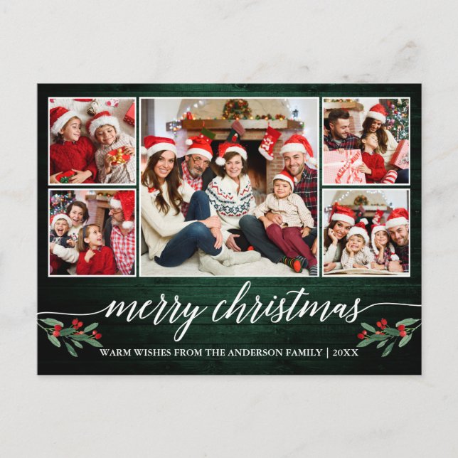 Modern kalligrafi Grönt Wood 5 Fotojul Vykort (Framsida)