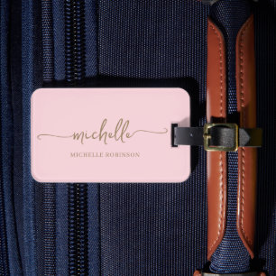 Modern kalligrafi Guld Skript Monogram Namn Rosa Bagagebricka