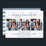 Modern kalligrafi Hanukkah 3 Fotoblåstripe Julkort<br><div class="desc">Modern Trendig Calligraphy Script 3 Photo Family Photo Collage Lycklig Hanukah Card - Dusty Blue and White Rand Back Back</div>