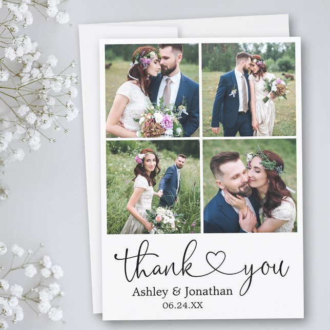 Modern Kalligrafi Heart 4 Photo Bröllop Tack Kort (Customize to change your personalized text size or text style.)