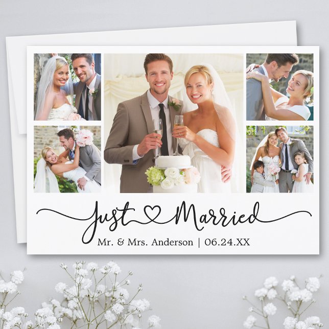 Modern Kalligrafi Heart 5 Photo Bröllop Meddelande (Customize to add text or more photos to back of card.)