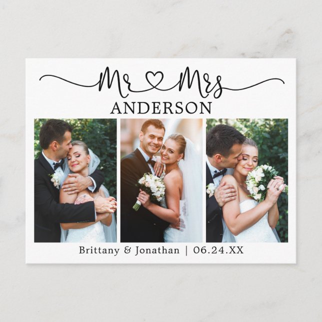 Modern kalligrafi hjärta bröllop 3 foto tack vykort (Framsida)