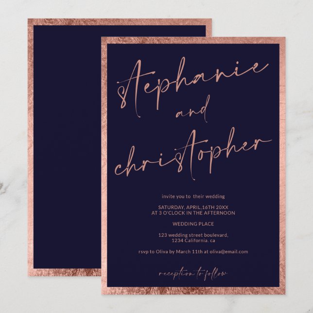 Modern kalligrafi i namn ro guld (blå bröllop) inbjudningar (Fram/baksida)