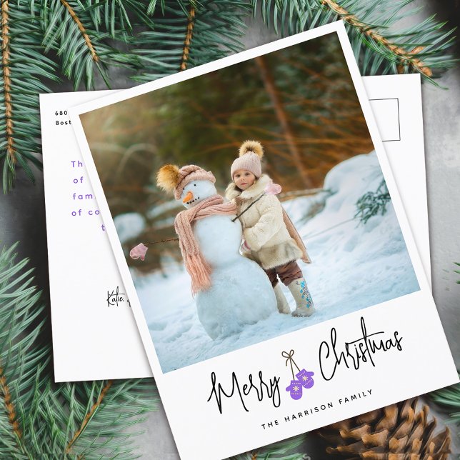 Modern kalligrafi lila handskar foto helg vykort (Modern Calligraphy Purple Mittens Photo Holiday Postcard)