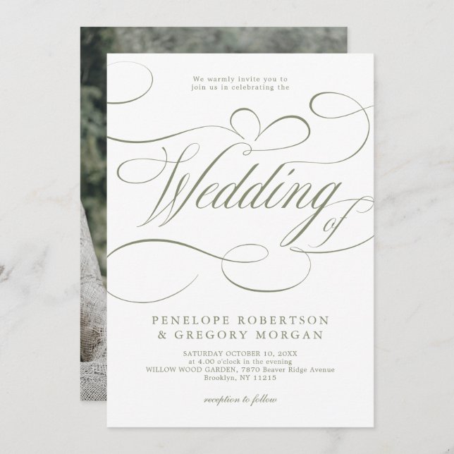Modern kalligrafi - minimalistisk sage Grönt Bröll Inbjudningar (Fram/baksida)