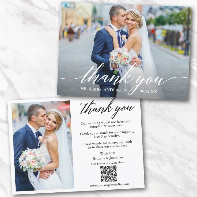 Modern kalligrafi QR-kod 2 Foto Bröllop Tack Kort (Add your wedding website link to the QR Code so guests can scan & view more of your photos online.)