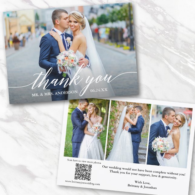 Modern kalligrafi QR-kod 4 Foto Bröllop Tack Kort (Add your wedding website link to the QR Code so guests can scan & view more of your photos online.)