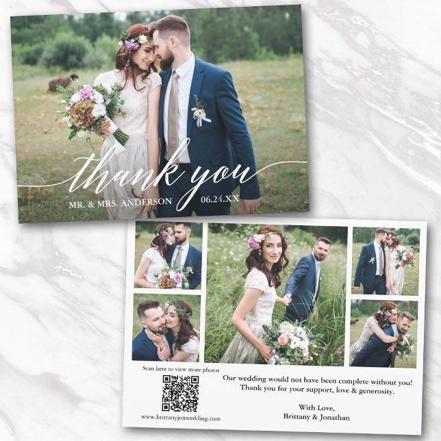 Modern kalligrafi QR-kod 6 Foton Bröllop Tack Kort (Add your wedding website link to the QR Code so guests can scan & view more of your photos online.)