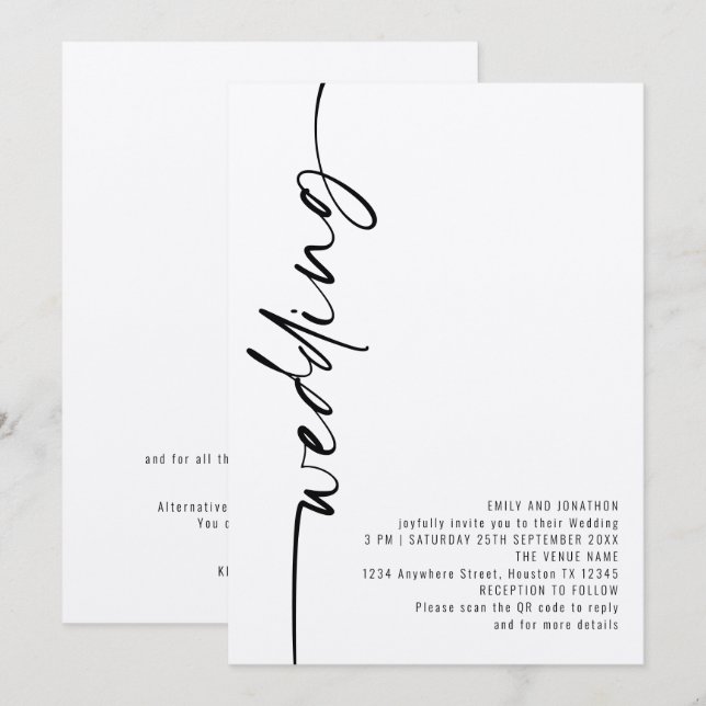 Modern kalligrafi QR-kod Bröllop Inbjudningar (Fram/baksida)