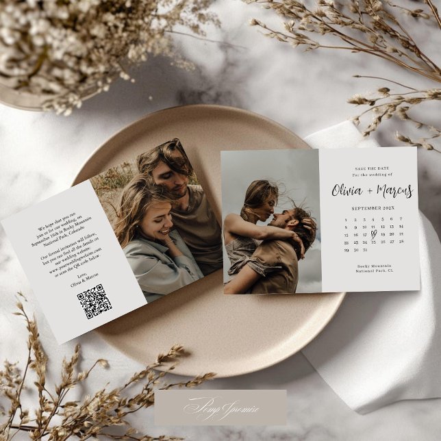 Modern kalligrafi QR-kod kalender bröllopsfoto  Spara Datumet (Skapare uppladdad)