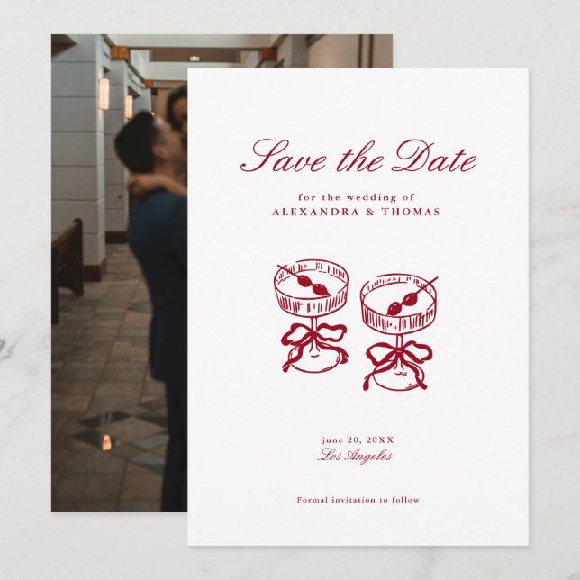 Modern kalligrafi Röd bröllopsdag Spara datum Inbjudningar (Fram/baksida)