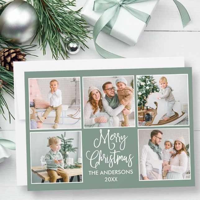 Modern kalligrafi Sage Grönt 5 Fotojul Julkort (Customize to change background color of card or to add text to back of card.)