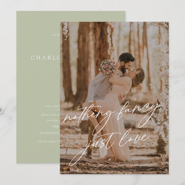 Modern kalligrafi Sage Photo Elopement Bröllop Inbjudningar (Fram/baksida)