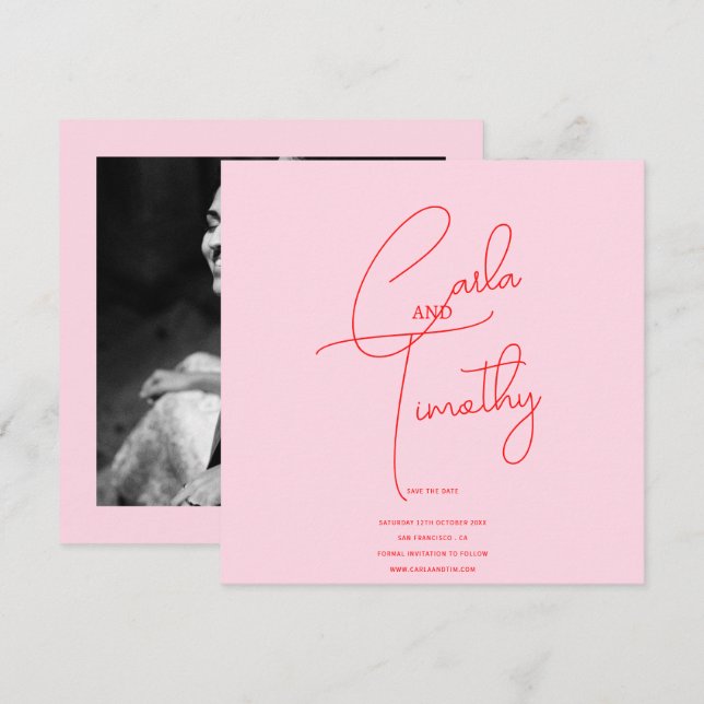 Modern kalligrafi skrift röd rosa foto spara datum datumet (Fram/baksida)