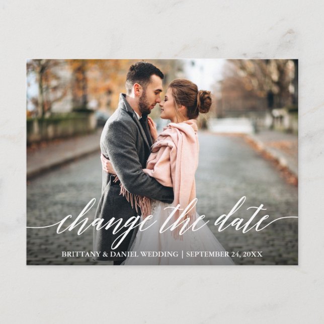 Modern kalligrafi-skript ändrar datum nytt vykort (Framsida)