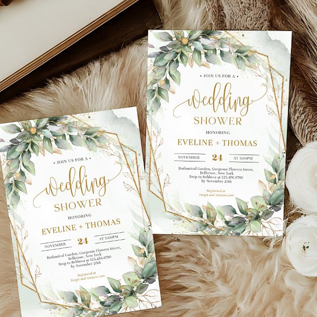 Modern kalligrafi-skript, grön Möhippa Inbjudningar (Delicate green eucalyptus and gold wedding shower invitation digital)