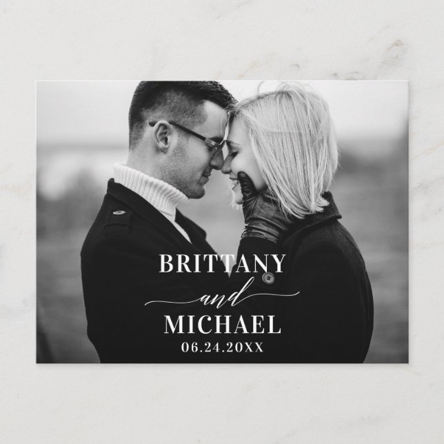 Modern kalligrafi - spara datum svart och vitt vykort (Framsida)