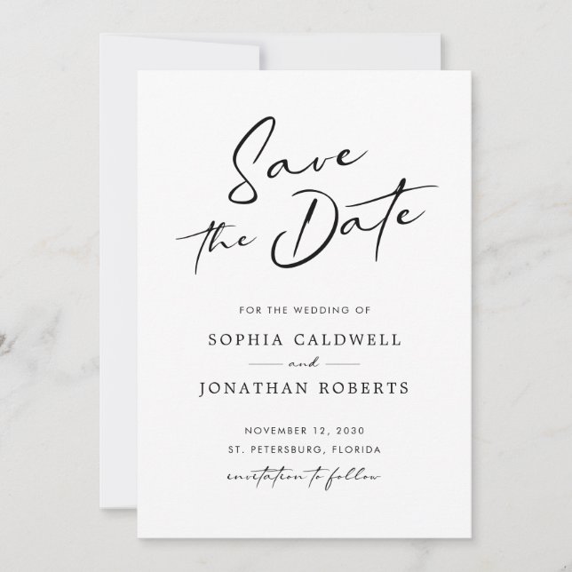 Modern kalligrafi, svart och vitt enkelt Bröllop Spara Datumet (Framsida)
