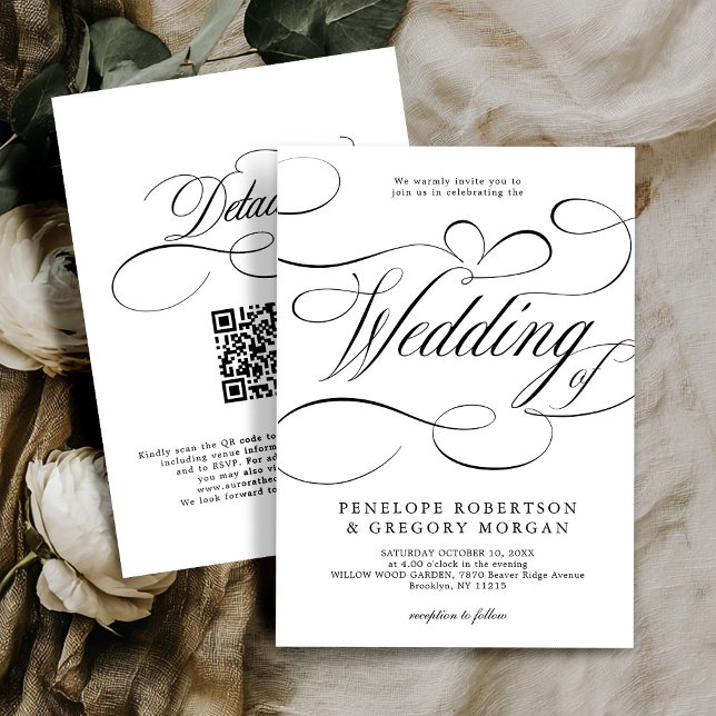 Modern kalligrafi svart vit QR-kod bröllop Inbjudningar (Modern calligraphy black white QR code on back wedding Invitation)