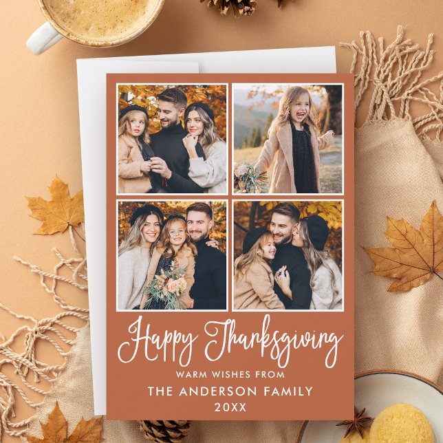 Modern kalligrafi terrakotta 4 foto tacksgiving julkort (Customize to add text to back of card.)