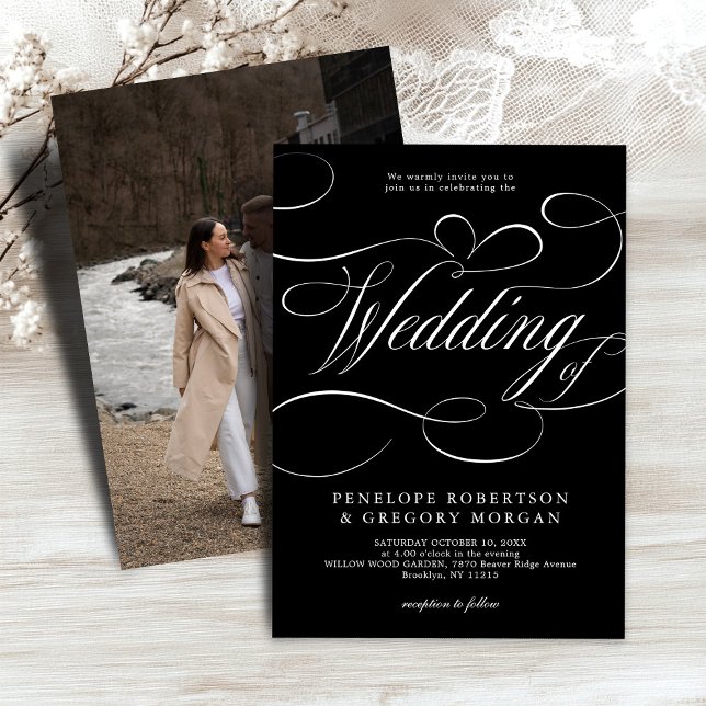 Modern kalligrafi, tidlös silver svart bröllop inbjudningar (Modern calligraphy timeless silver black wedding invitation)