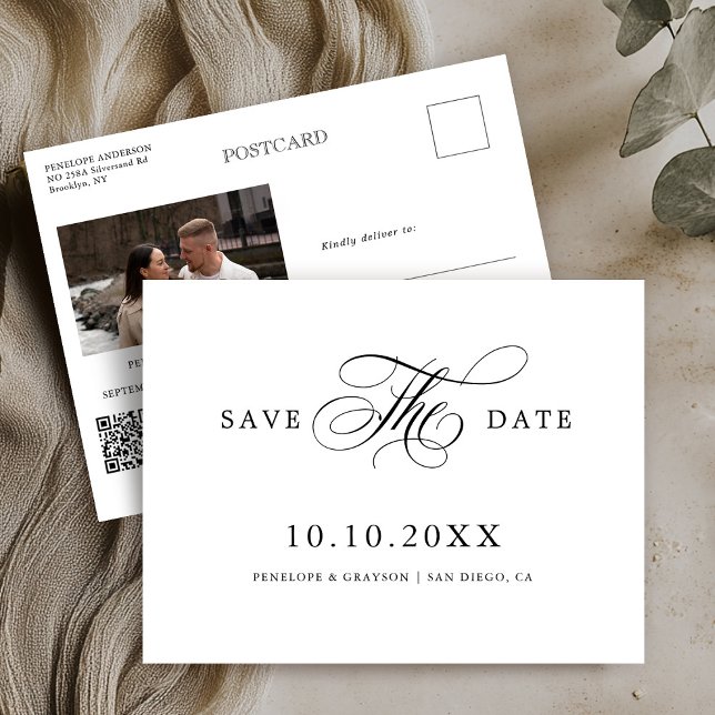 Modern kalligrafi tidlös Svart  Spara datum Vykort (Modern calligraphy timeless Black and white photo QR code Save the Date Postcard)