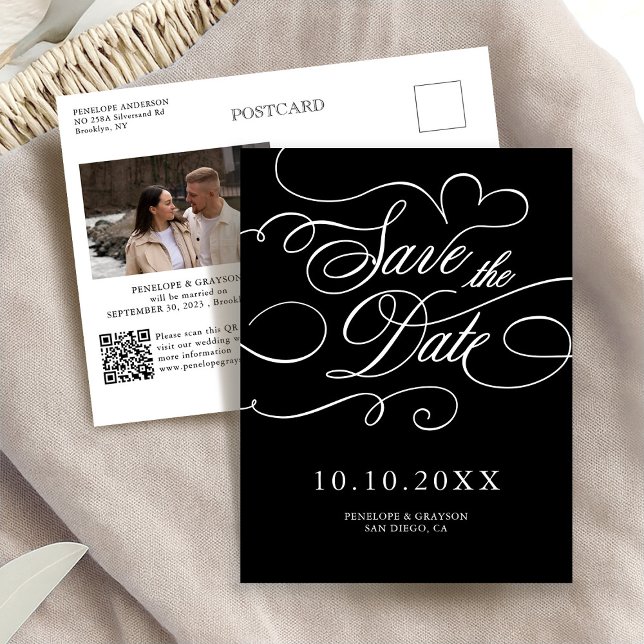 Modern kalligrafi tidlös svart  Spara datumet Vykort (Modern calligraphy timeless black Save the Date Postcard)