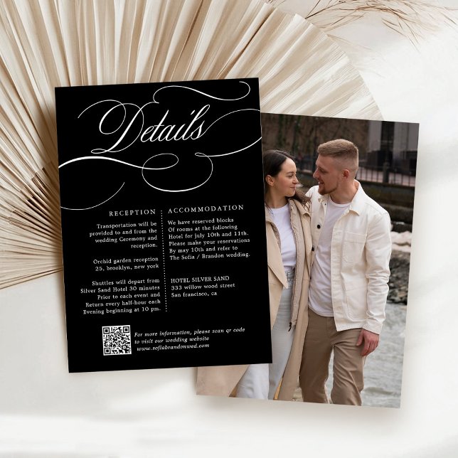Modern kalligrafi tidlös svart & vit bröllop tilläggskort (Modern calligraphy timeless black and white photo QR code wedding details enclosure card)