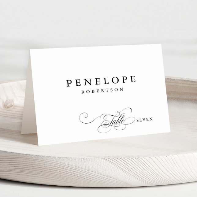 Modern kalligrafi-tidslinje Gäst Namn-platskort Bordsnummer (Modern minimalist black and white calligraphy wedding guest name place card)
