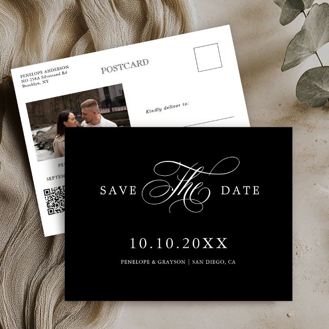 Modern kalligrafi-tidslinje svart Spara datum Vykort (Modern calligraphy timeless black Save the Date Postcard)