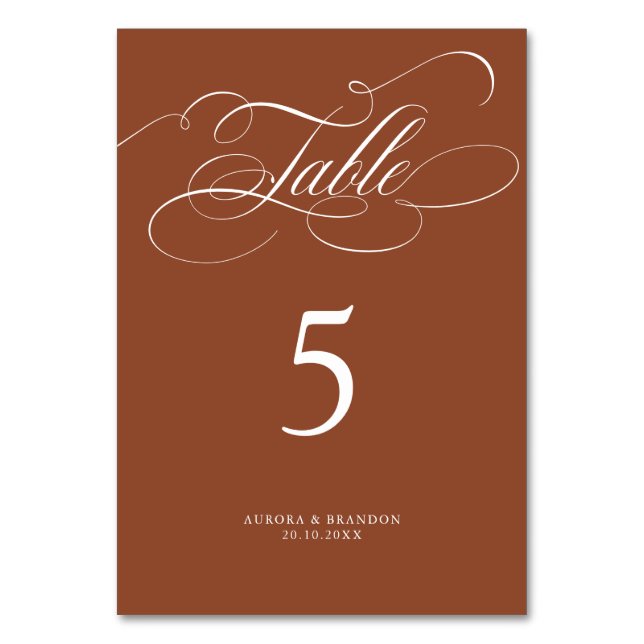 Modern kalligrafi-tidslinje Terracotta bröllop Bordsnummer (Framsidan)