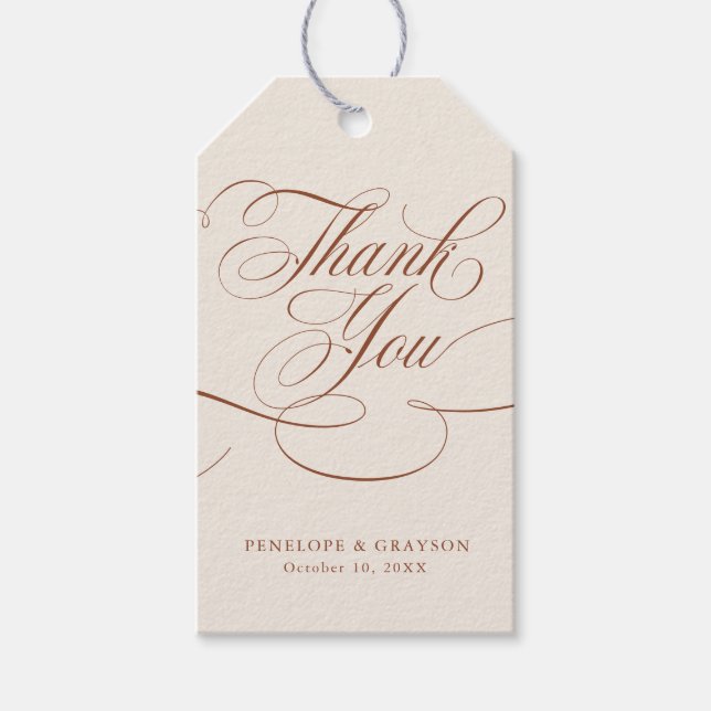 Modern kalligrafi-tidslinje Terracotta bröllop Presentetikett (Framsidan)