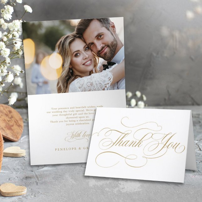 Modern kalligrafi-tidslinje utan foto guld bröllop tack kort (Calligraphy wedding thank you card with photo)