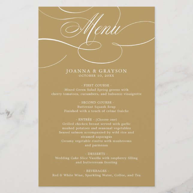 Modern kalligrafi-tidslinje utan guld bröllop Menu (Framsida)