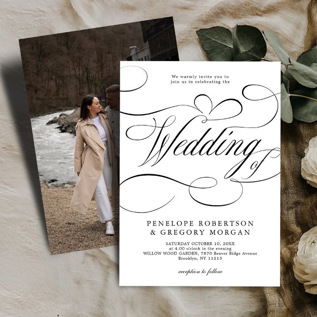 Modern kalligrafi-tidslinje vit svart bröllop inbjudningar (Modern calligraphy timeless black and white photo wedding invitation)