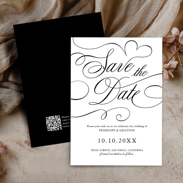 Modern kalligrafi-tidsmältlös svart QR-kod bröllop Spara Datumet (Modern calligraphy timeless Black QR code wedding Save The Date)