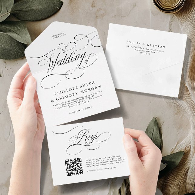 Modern kalligrafi-tidsmältlös svart vit bröllop (Modern calligraphy timeless black white wedding all in one invitation)