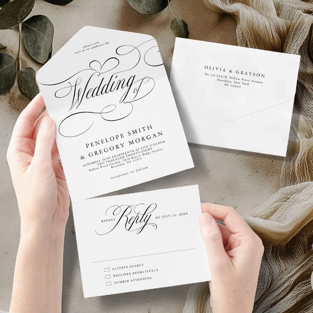 Modern kalligrafi-tidsmältlös svart vit bröllop (Modern calligraphy timeless Black white wedding All In One Invitation)