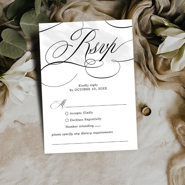 Modern kalligrafi-tidsmältlös svart vit bröllop OSA kort (Modern calligraphy timeless Black white wedding RSVP Card)