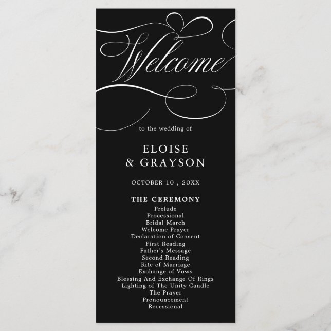 Modern kalligrafi-tidsmältlös svart vit bröllop program (Framsida)
