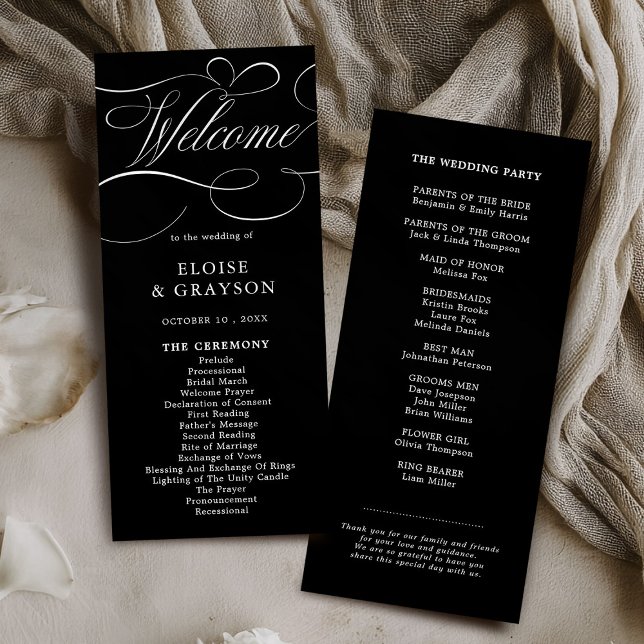 Modern kalligrafi-tidsmältlös svart vit bröllop program (Modern calligraphy timeless black white wedding program card)