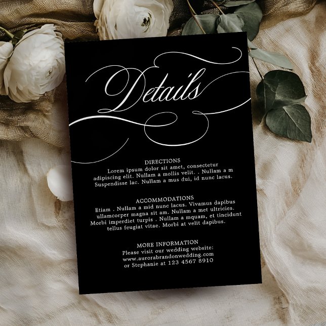 Modern kalligrafi-tidsmältlös svart vit bröllop tilläggskort (Modern calligraphy timeless Black white wedding details Enclosure Card )