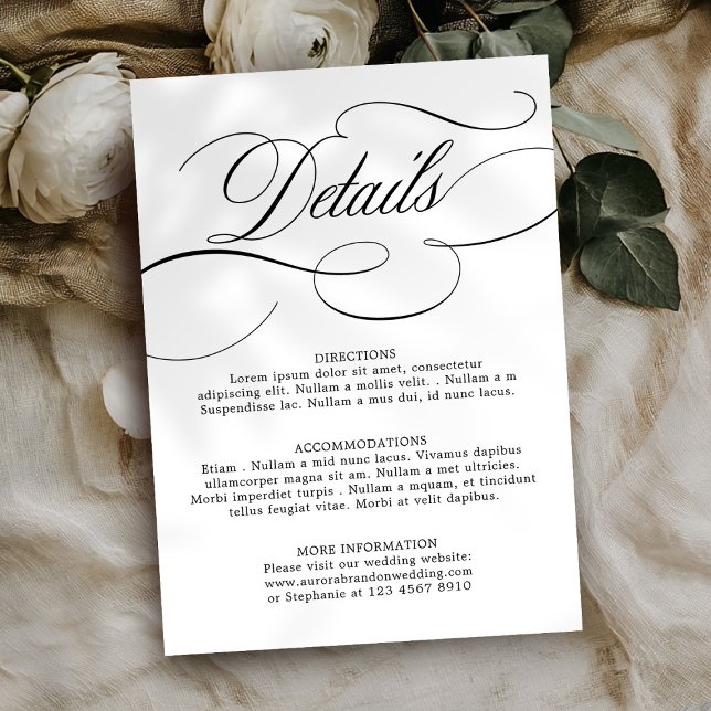 Modern kalligrafi-tidsmältlös svart vit bröllop tilläggskort (Modern calligraphy timeless Black white wedding details Enclosure Card)