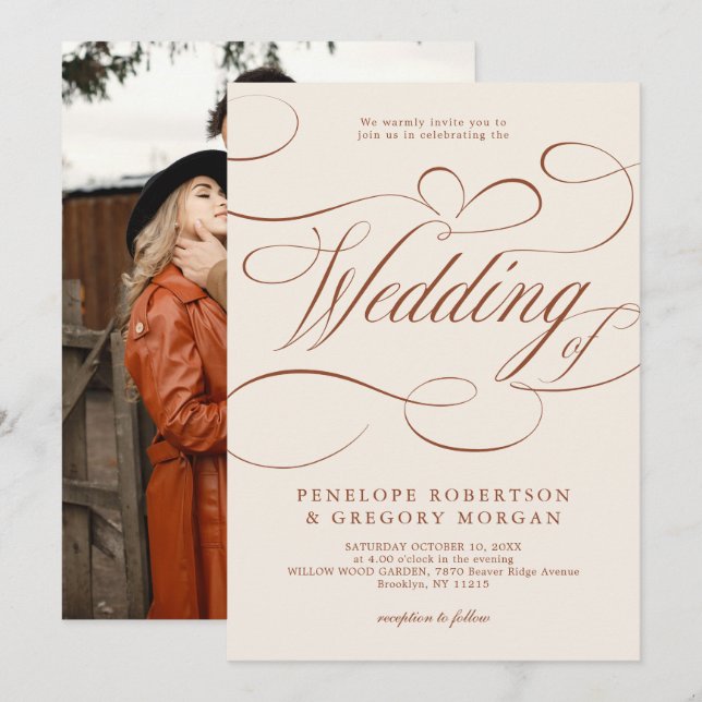 Modern kalligrafi timodig Terracotta Bröllop Inbjudningar (Fram/baksida)