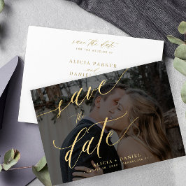 Modern kalligraphy-skriptfoto guld bröllop spara datumet