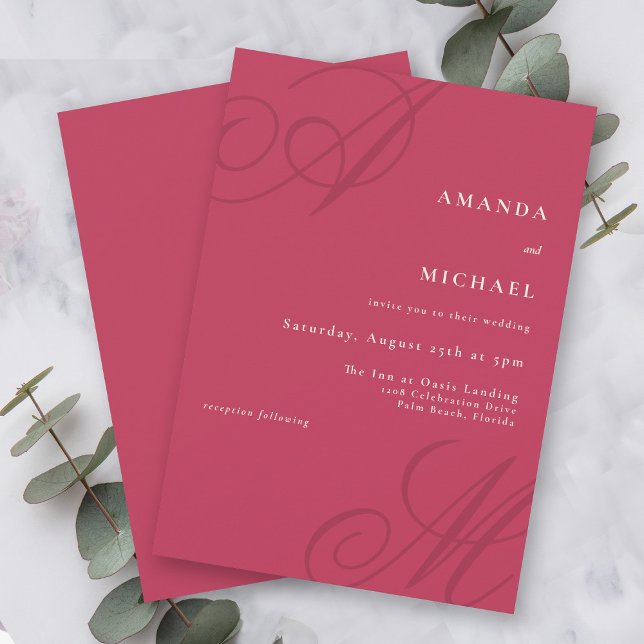 Modern Kant-Elegant, Monogram Bröllop Inbjudningar (Bold and bright magenta wedding invitation with minimalist styling.)